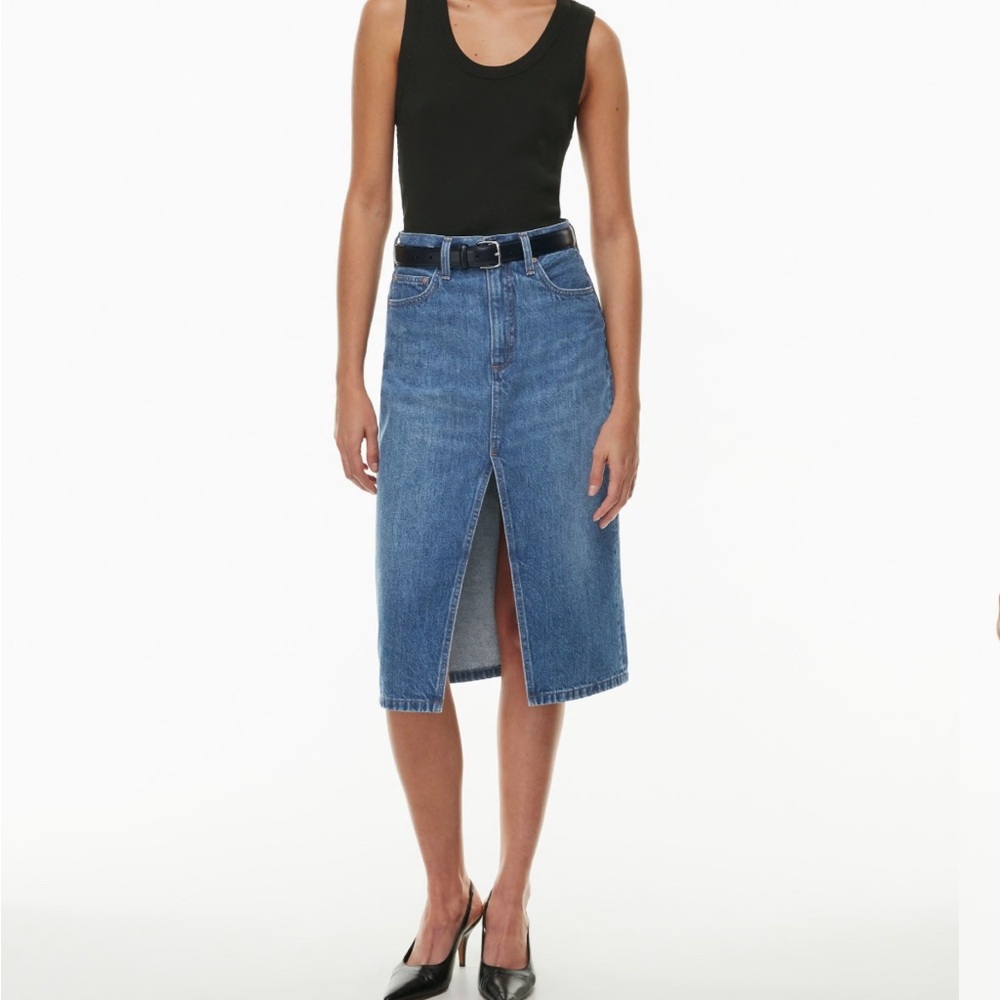 Aritzia Halle Denim Midi Skirt with Front Slit - Blue